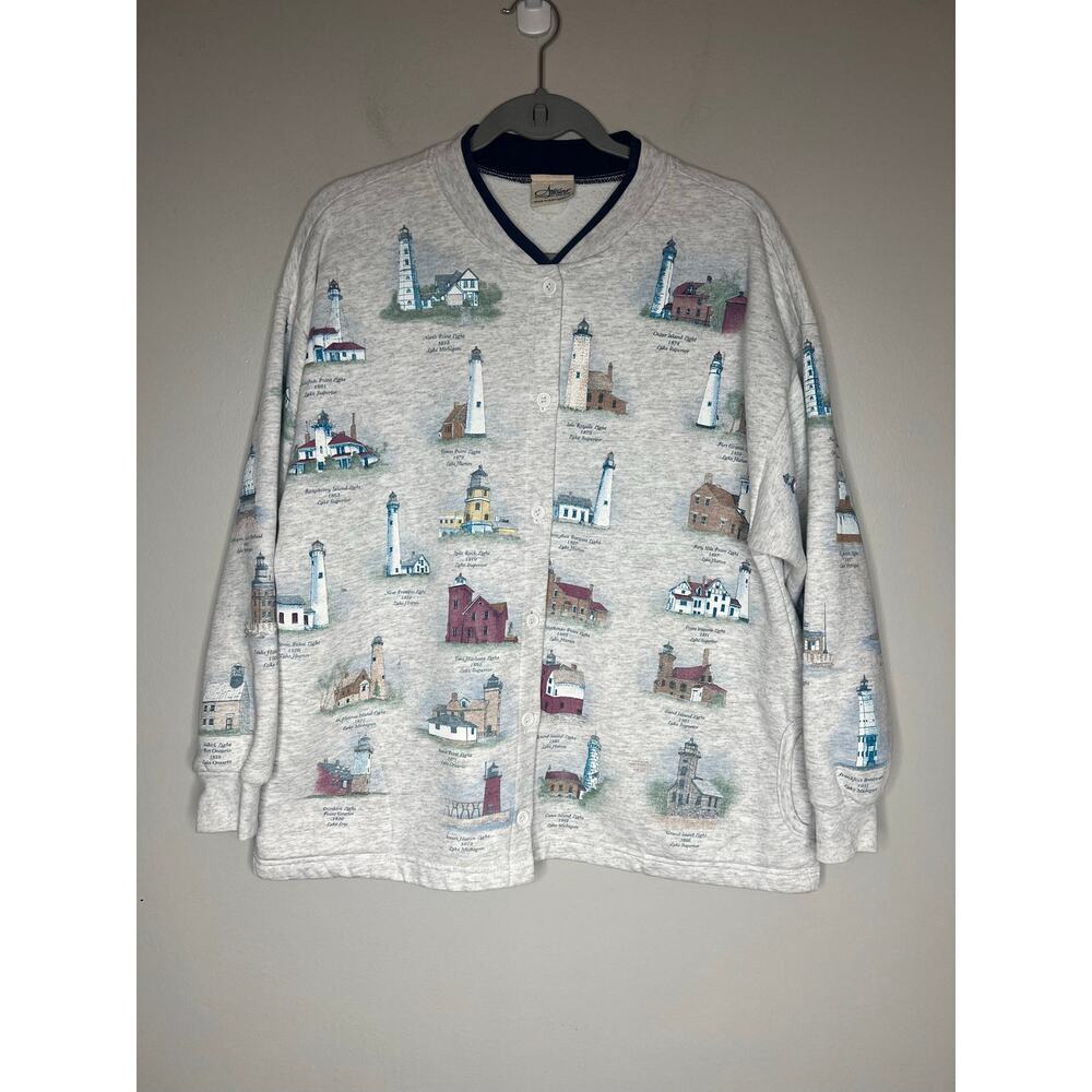 VTG Artisans Sunschein Design All Over Lighthouse Cardigan Sweatshirt 90s USA *L